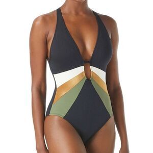 Vince Camuto Gold Shimmer Blocked Plunge V-Neck One Piece Swimsuit - 8